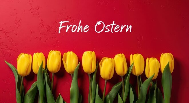 Frohe ostern happy easter text with vibrant yellow tulips on a textured red background, perfect for spring holiday greetings