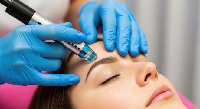 Professional hydrafacial treatment on a young womans forehead in a beauty clinic