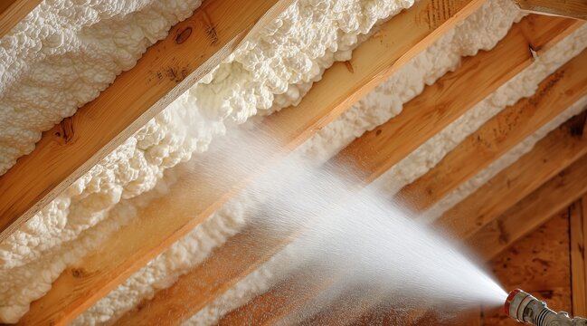 Polyurethane spray foam insulation application between wooden rafters