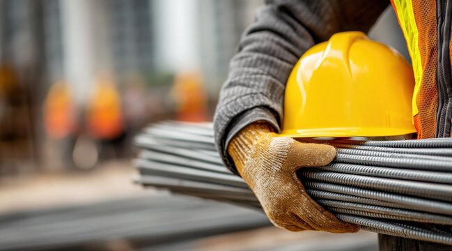 Construction worker carrying bundle of steel rebar and yellow safety helmet