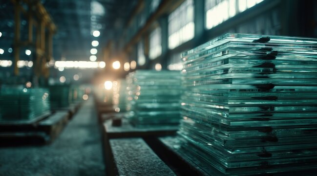 Stack of glass sheets in industrial factory warehouse