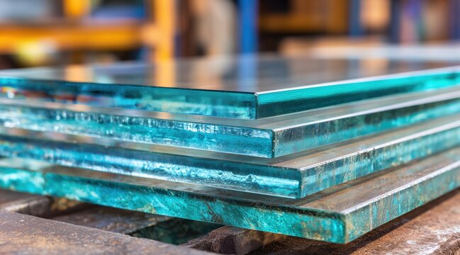 Stack of thick glass panels in industrial workshop