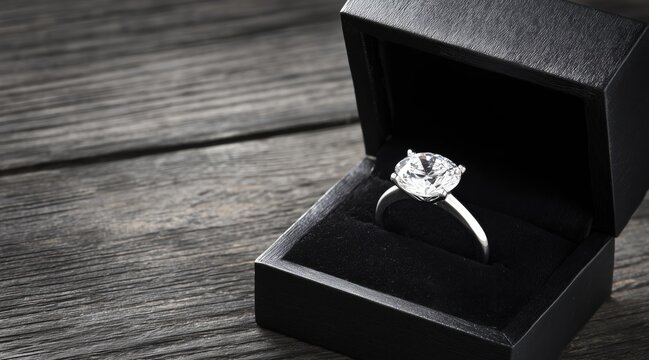 Silver diamond ring inside open black jewelry box on dark wood surface