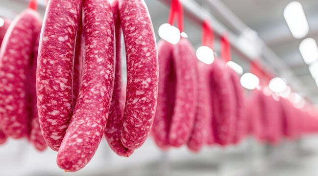 Sausages hanging on hooks in meat factory production line