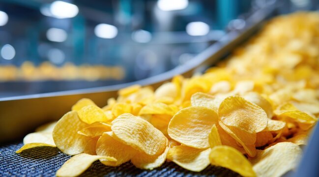 Yellow crispy potato chips on conveyor belt in food processing factory
