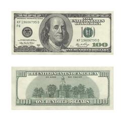 Front and back views of a one hundred dollar bill showing benjamin franklin portrait and independence hall isolated © Tania