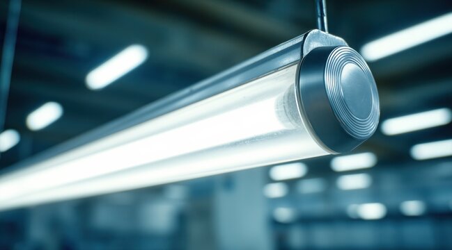 Close up of bright industrial led light fixture hanging from ceiling