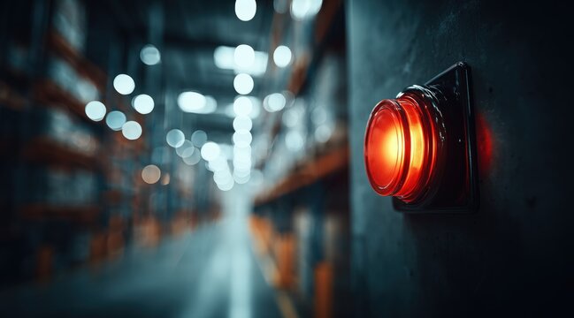Glowing red alert button on wall in industrial warehouse aisle