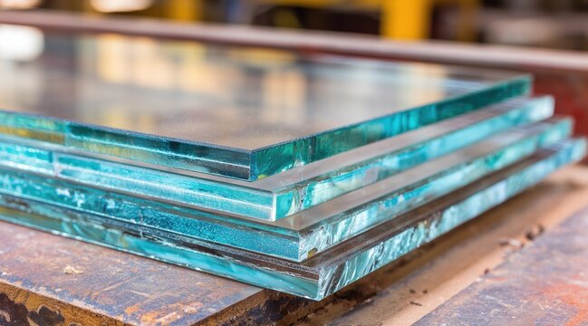 Stacked thick glass sheets with polished edges in industrial warehouse
