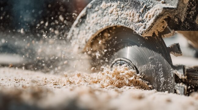 Circular saw blade cutting through wooden board with sawdust particles