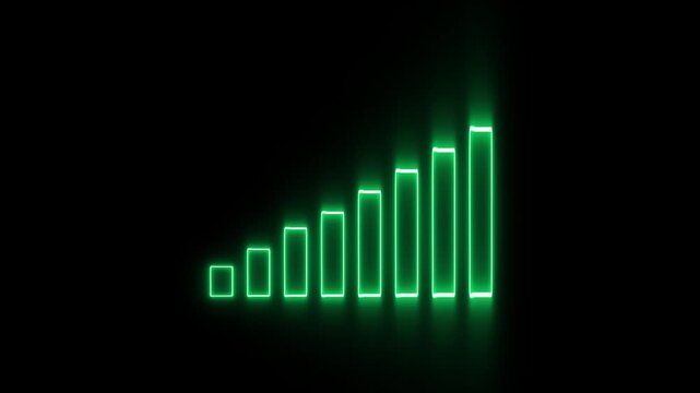 A series of bright green neon bars, illuminated with a strong glow, rise in height against a completely black background, creating a powerful visual representation of increasing data, signal