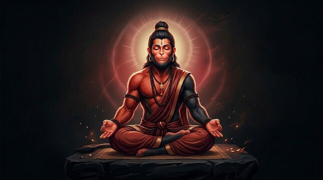 Majestic Hindu God Hanuman Digital Art with Fiery Background