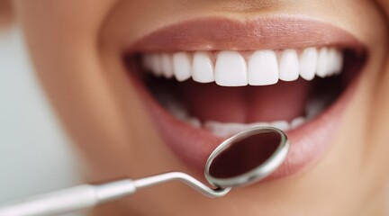 Fototapeta premium Close up of person smiling with white teeth and dental mirror