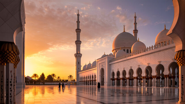 Sheikh zayed grand mosque in abu dhabi at sunset