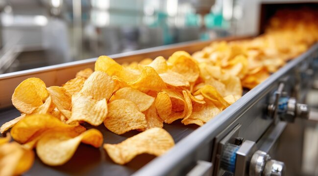 Freshly fried potato chips moving on industrial conveyor belt in food processing factory