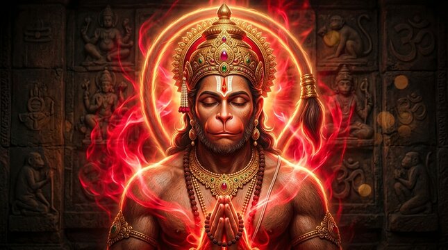 Powerful Hanuman Ji Standing with Gada in Spiritual Light