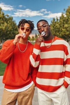Two friends blowing bubbles in the park wearing matching orange sweaters and sunglasses, casual fashion moment