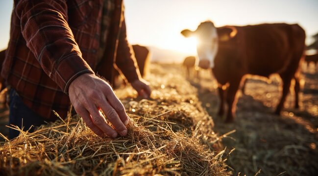 Close up of farmer hand touching hay in field with cattle at sunset