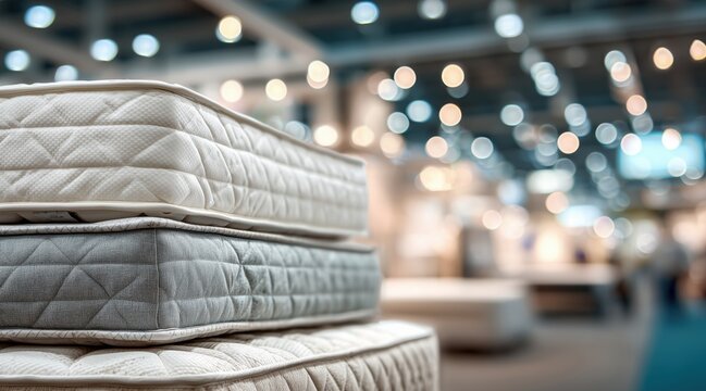 Stack of quilted mattresses in furniture store showroom