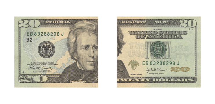 Two twenty dollar bills displayed front and back in studio lighting against a white background