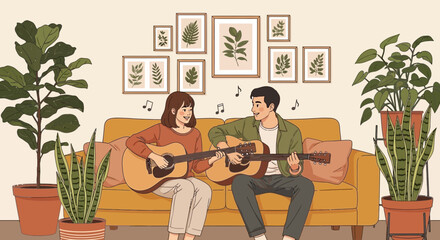 Fototapeta premium Couple Playing Acoustic Guitars in Cozy Botanical Living Room