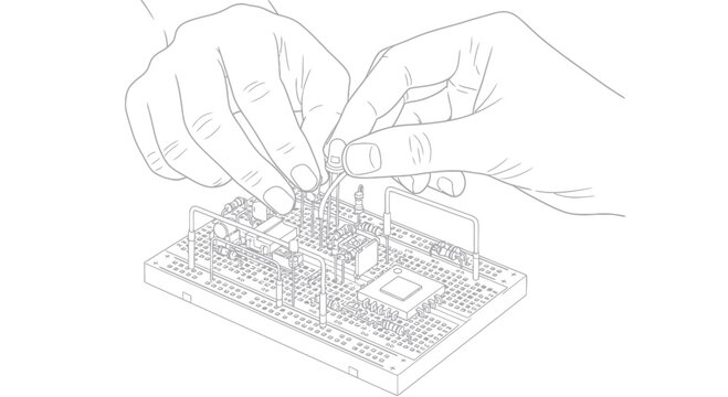 Hands assembling electronic circuit board with wires on breadboard