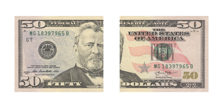 Front and back view of a fifty dollar bill displayed side by side against a clean white background