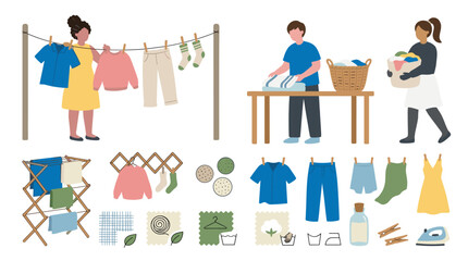 Fototapeta premium Sustainable laundry routine people drying ironing and folding clothes eco friendly home chores concept illustration