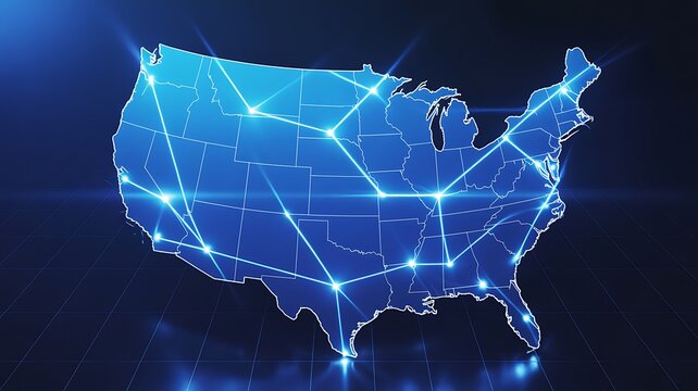 Digital map of the United States with glowing network connections