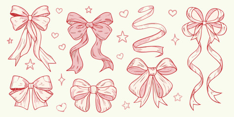 Obraz premium A collection of hand drawn pink ribbons and bows with scattered stars