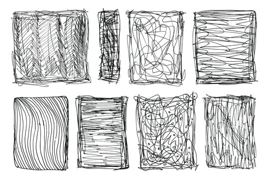 Tangled Lines Frames Set. Crayon Chaotic Lines Frame Collection. Hand Drawn Scribble Rectangle and Square Posters Texture Overlay. Vector sketchy pencil border boxes.