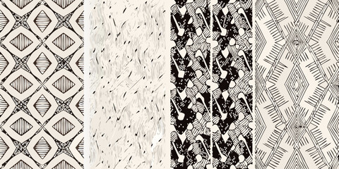 Four panels of black and white hand drawn geometric patterns displayed vertically © Roni