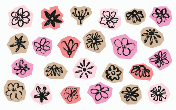 Grunge Scrapbook Flowers Set. Doodle collage brush stroke chamomile flowers set. Chalk textured outline flowershead stickers set. Paper cut vector blossom collection.