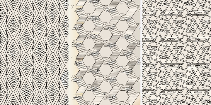 Three panels displaying a detailed geometric woven straw pattern