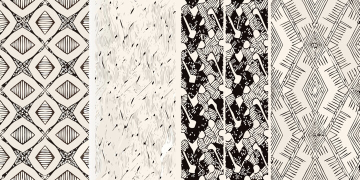 Four panels of black and white hand drawn geometric patterns displayed vertically