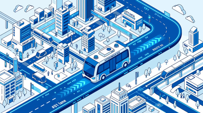 A futuristic cityscape illustration shows a bus driving on a road with buildings and technology integrated infrastructure nearby.