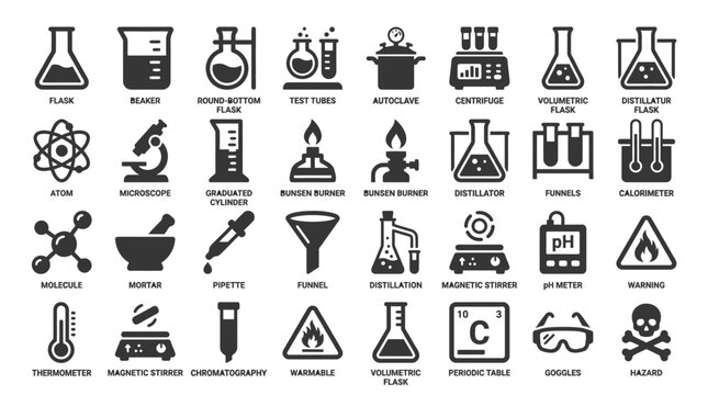 Laboratory equipment and science tools icons in a single illustration