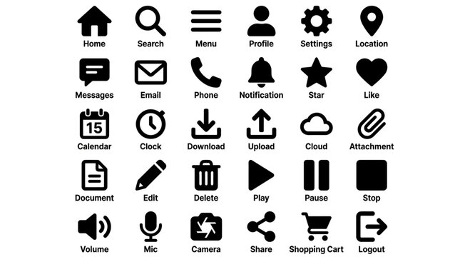 A variety of small black icons on a white background represent different mobile app functions and features.