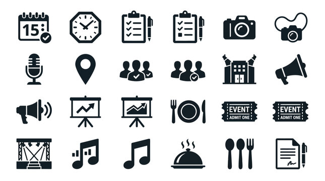 A collection of various office and event icons on a white background