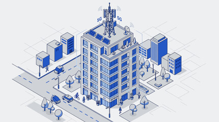 Fototapeta premium Cityscape illustration depicts a futuristic skyscraper with surrounding buildings and trees