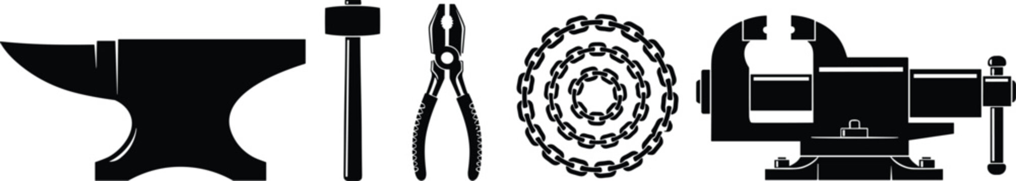 Metalworking tool silhouette vector, anvil icon, hammer design, pliers illustration, chain graphic, bench vise symbol, workshop equipment, fabrication