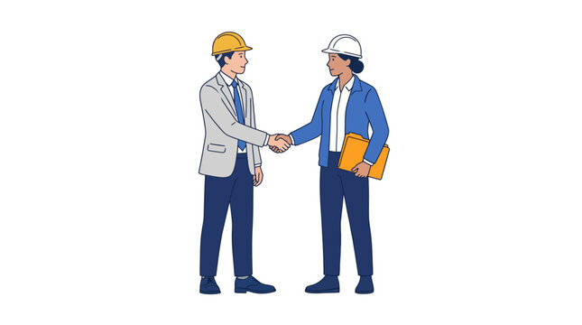 Two professionals shake hands to seal a construction partnership and project planning agreement