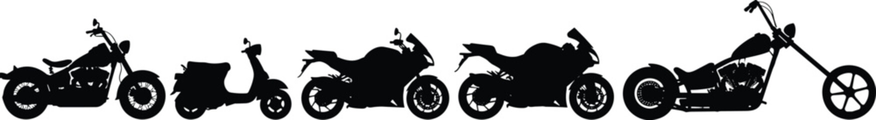 Motorcycle and scooter silhouette vector, different bike styles illustration, chopper cruiser sport scooter design, two‑wheeled vehicle graphic artwork © Sabbir's World