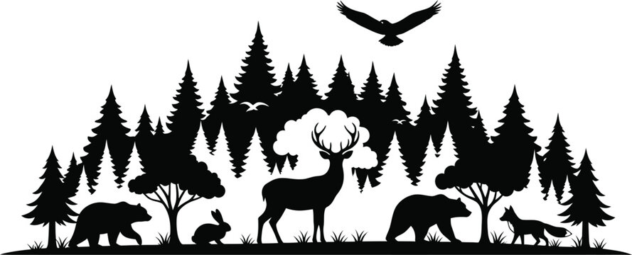 Forest silhouette majestic wildlife scene with deer bear birds and towering trees