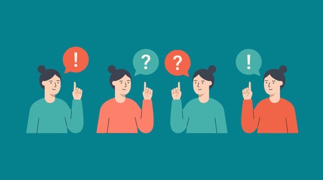 Flat design illustration of four people showing questions and exclamations, symbolizing confusion, inquiry, and group discussion in a collaborative setting.