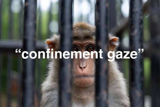 A young monkey looking through vertical bars in an enclosure.