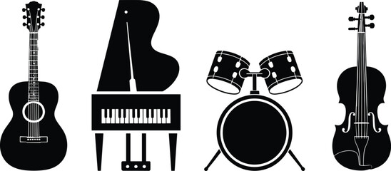Musical instrument icon set, acoustic guitar, grand piano, drum set, violin silhouette, black design, music illustration, performance art graphic © Sabbir's World