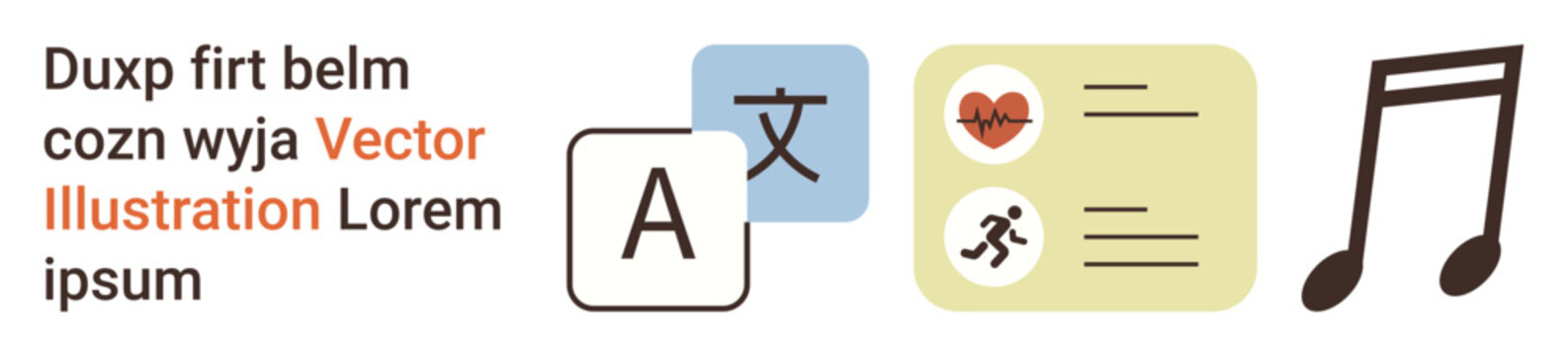 Education, language understanding, healthcare, fitness, data presentation, creativity. Includes an alphabet icon, health and fitness symbols and musical notes. Education and healthcare