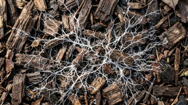 Close-up view of white mycelium network on wood chips.