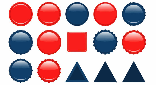 Collection of Red and Blue Glossy Shapes: Circles, Squares, Triangles, Seals, Badges